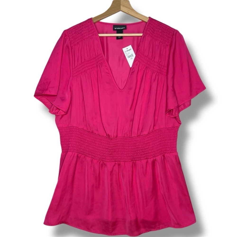 NWT Lane Bryant 18/20‎ Pink Satin Smocked Babydoll Blouse Flutter Sleeves Peplum